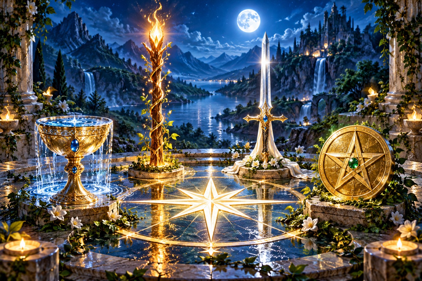 A chalice, wand, sword and pentacle arranged around a white-gold star on a moonlit altar