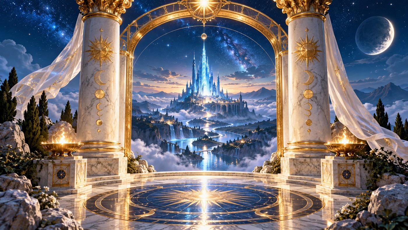 Luminous tarot architecture with twin columns, a golden arch and a distant blue tower under stars