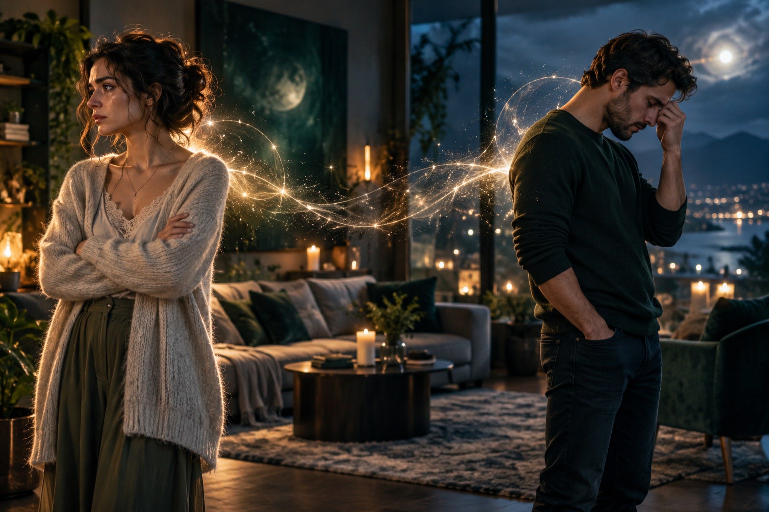 adult couple standing apart after an argument beneath blue and gold mystical light