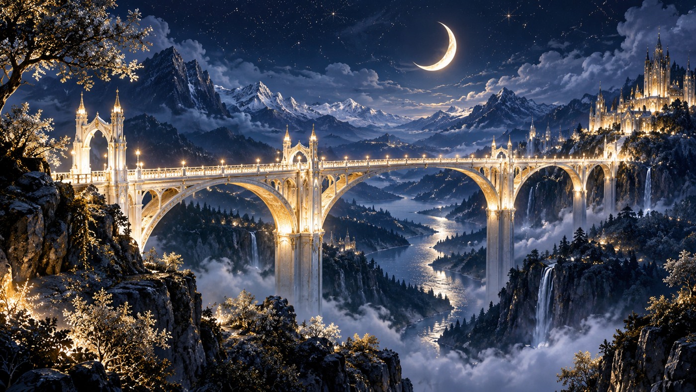 A radiant white-gold bridge spanning a midnight-blue valley beneath a crescent moon
