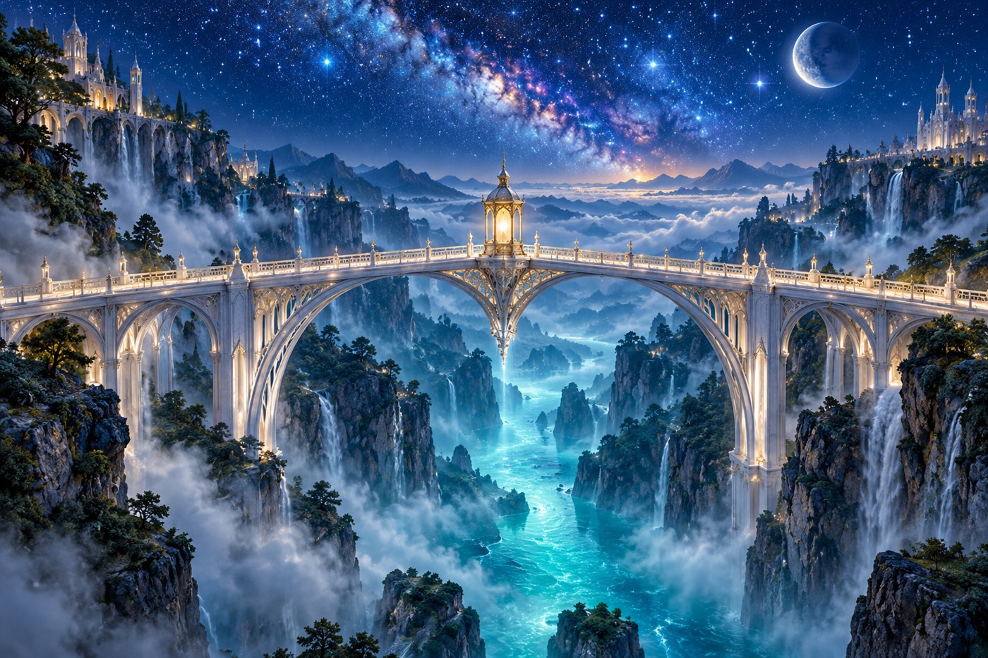 A moonlit white bridge crossing a turquoise gorge beneath a starry sky