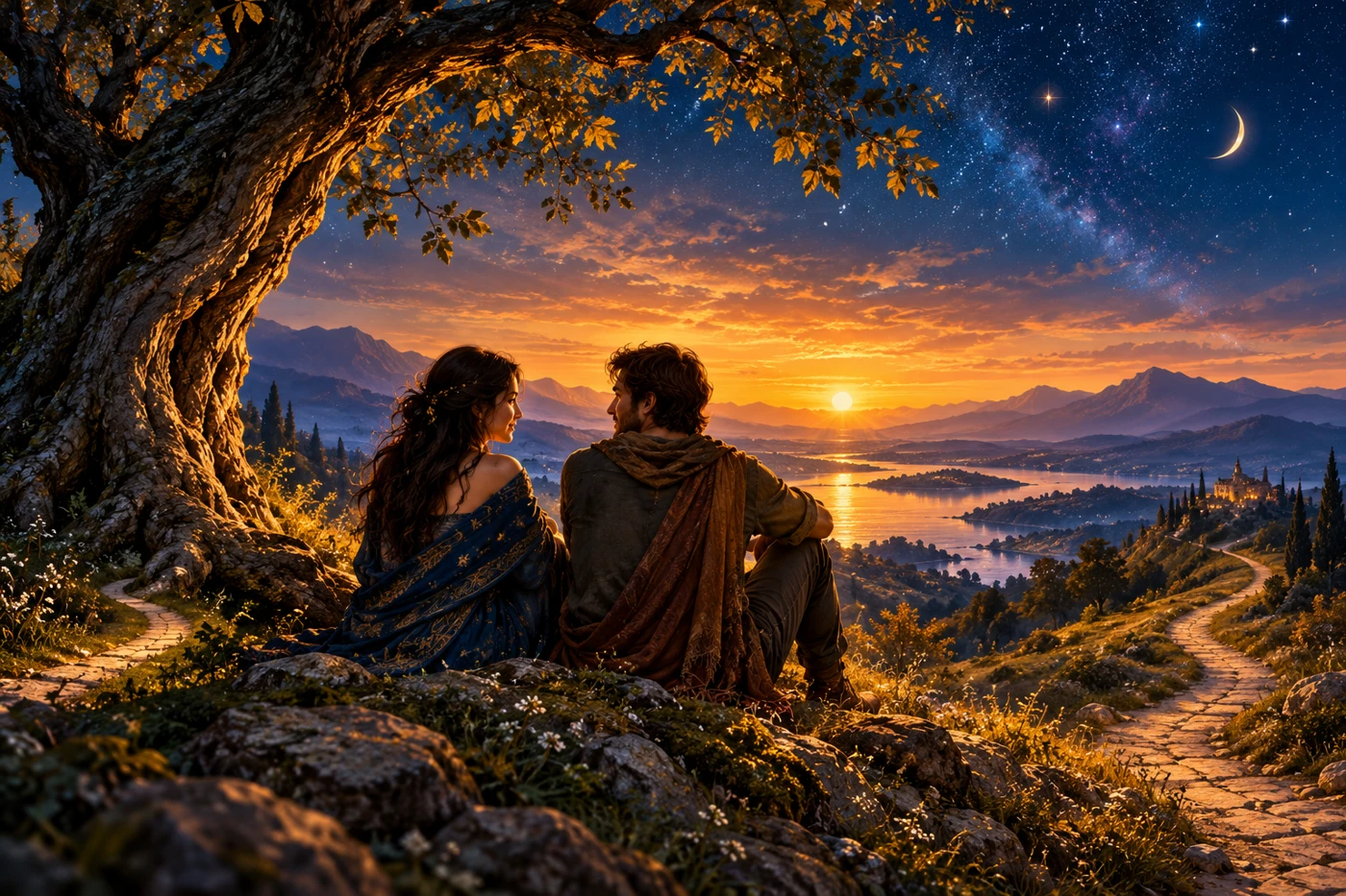 Two symbolic adults sit beneath a tree at sunset beside paths leading in different directions.