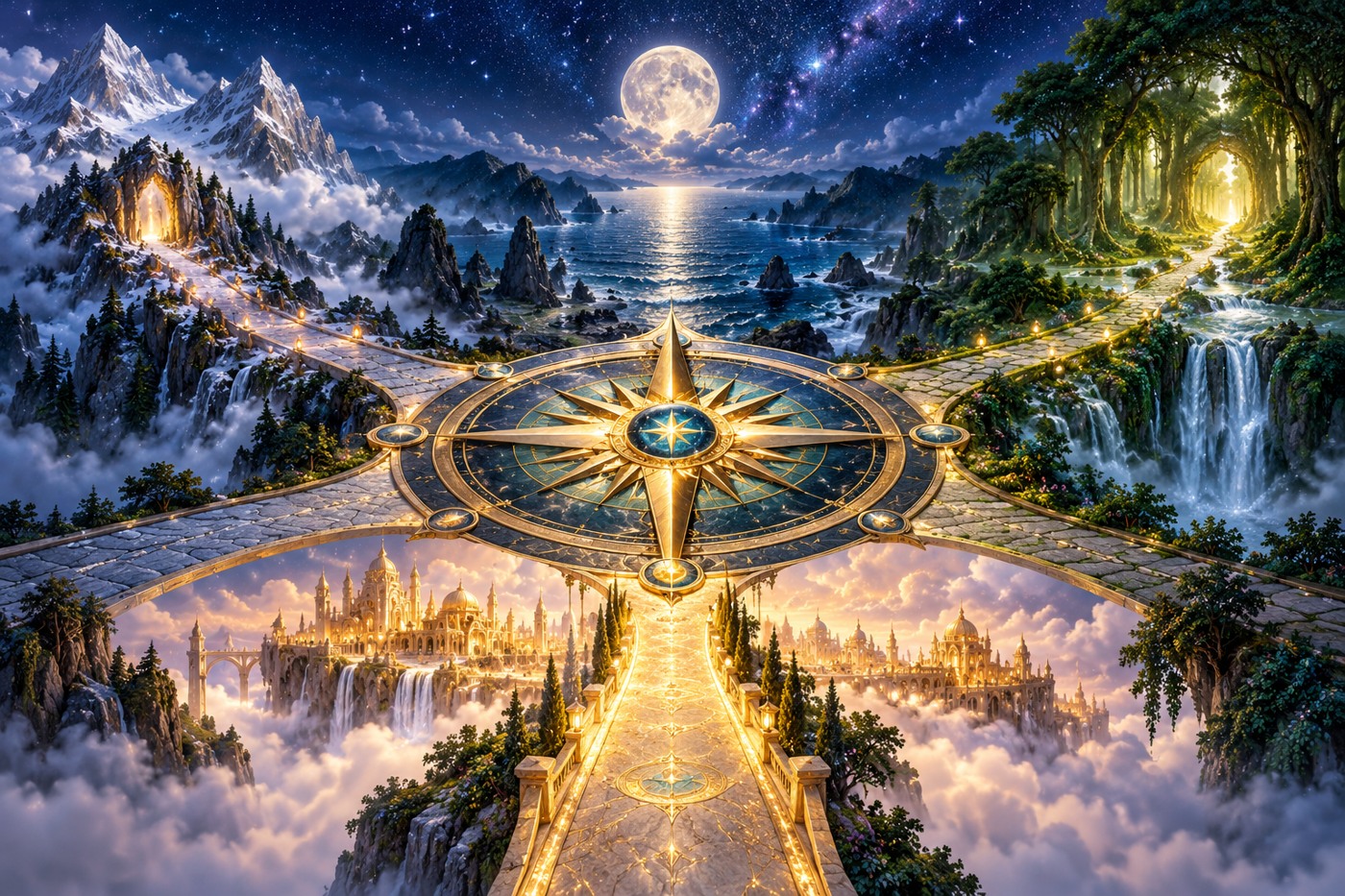 Four tarot pathways meeting at a compass rose beneath a midnight sky