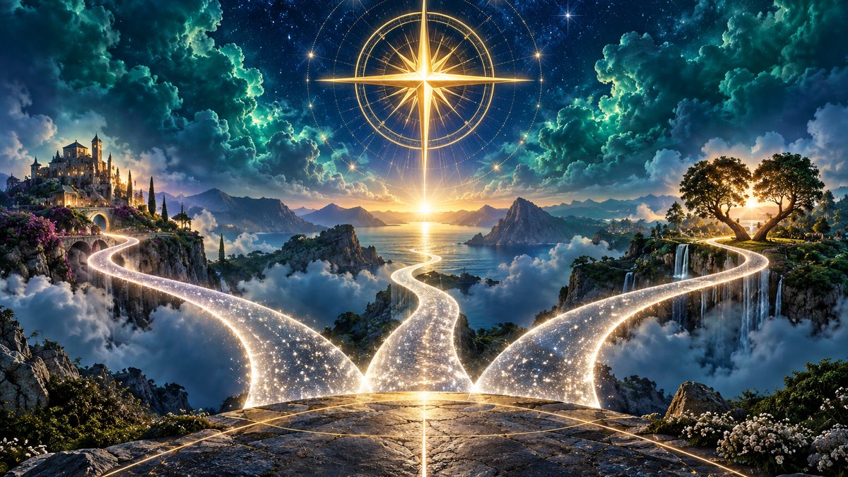 Three luminous paths beneath a blue emerald sky and golden compass