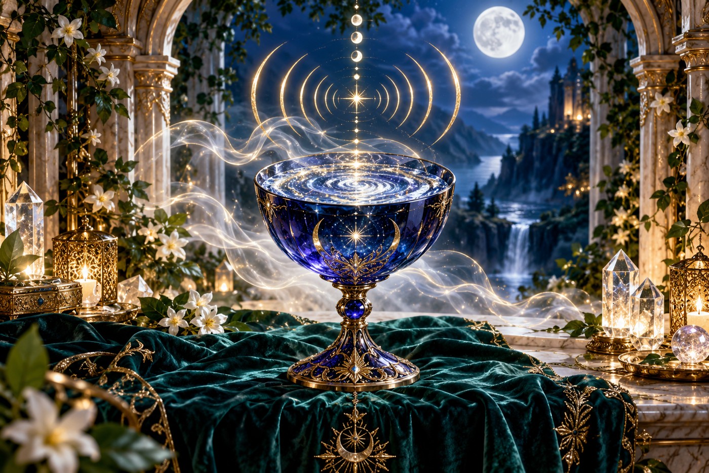 A star-reflecting indigo chalice with golden sound ripples in a mystical blue alcove