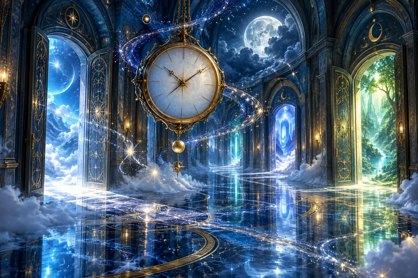An antique clock without numbers floating in a moonlit dream hallway