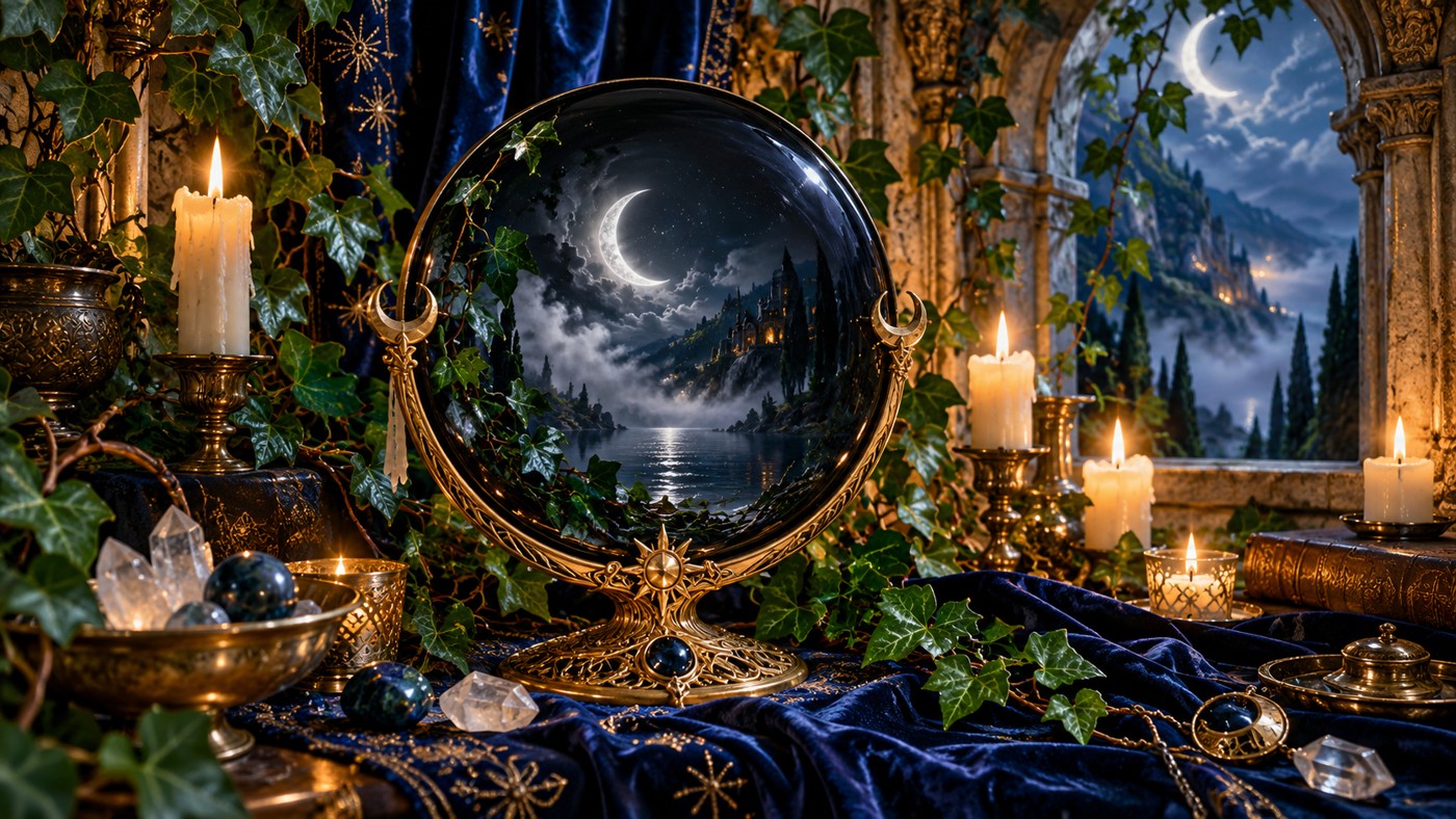 An obsidian scrying mirror reflecting a silver crescent amid emerald ivy