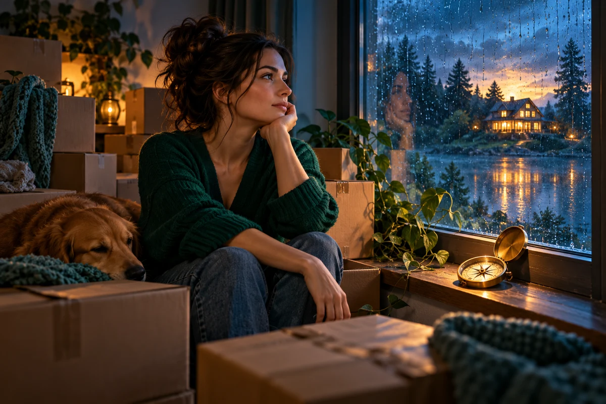 Symbolic woman near moving boxes and a rain-lit window with a compass on the sill.