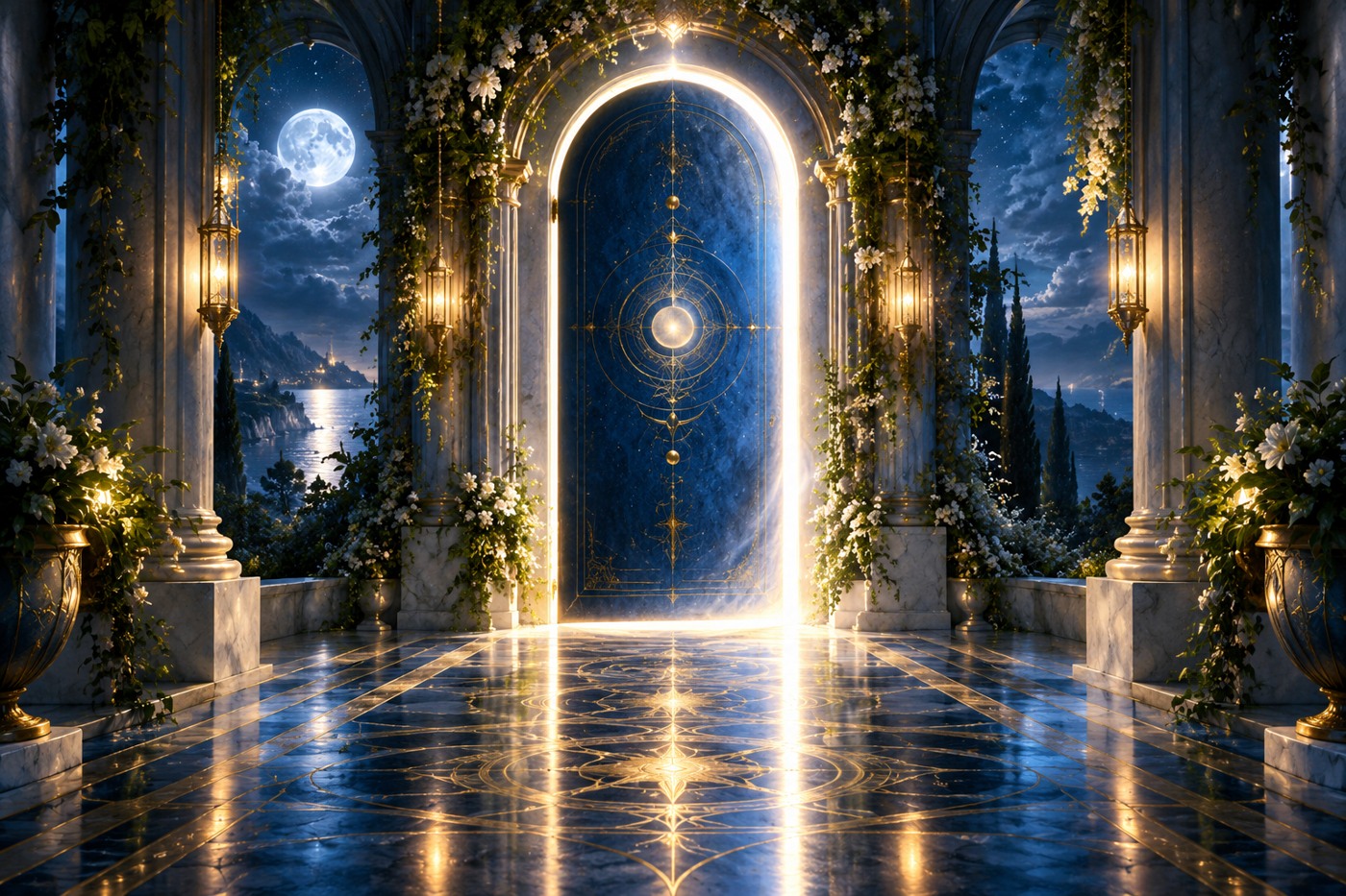 A handleless blue door glowing with white light in a moonlit corridor