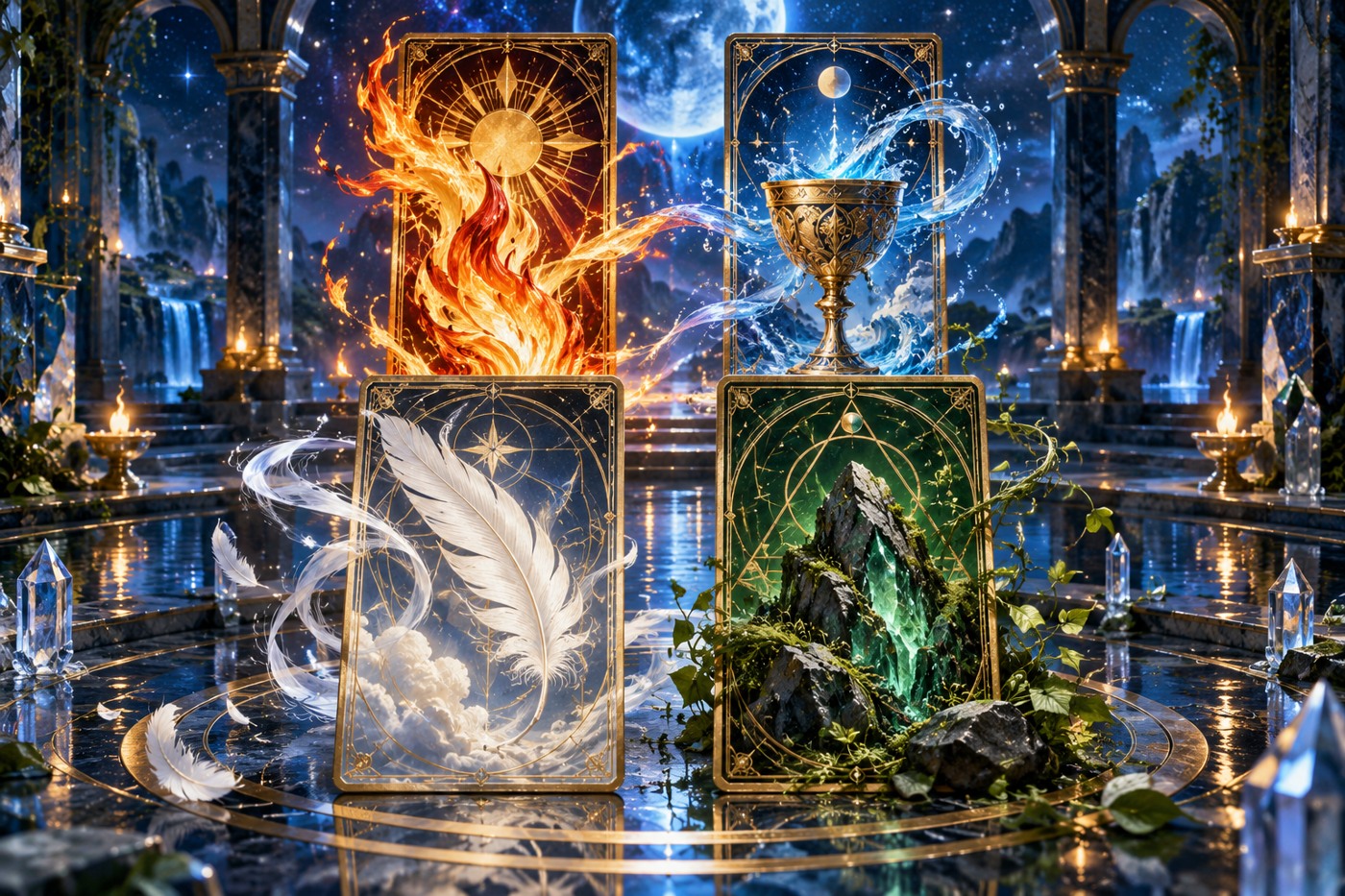 Four symbolic tarot cards representing fire, water, air and earth in a moonlit temple