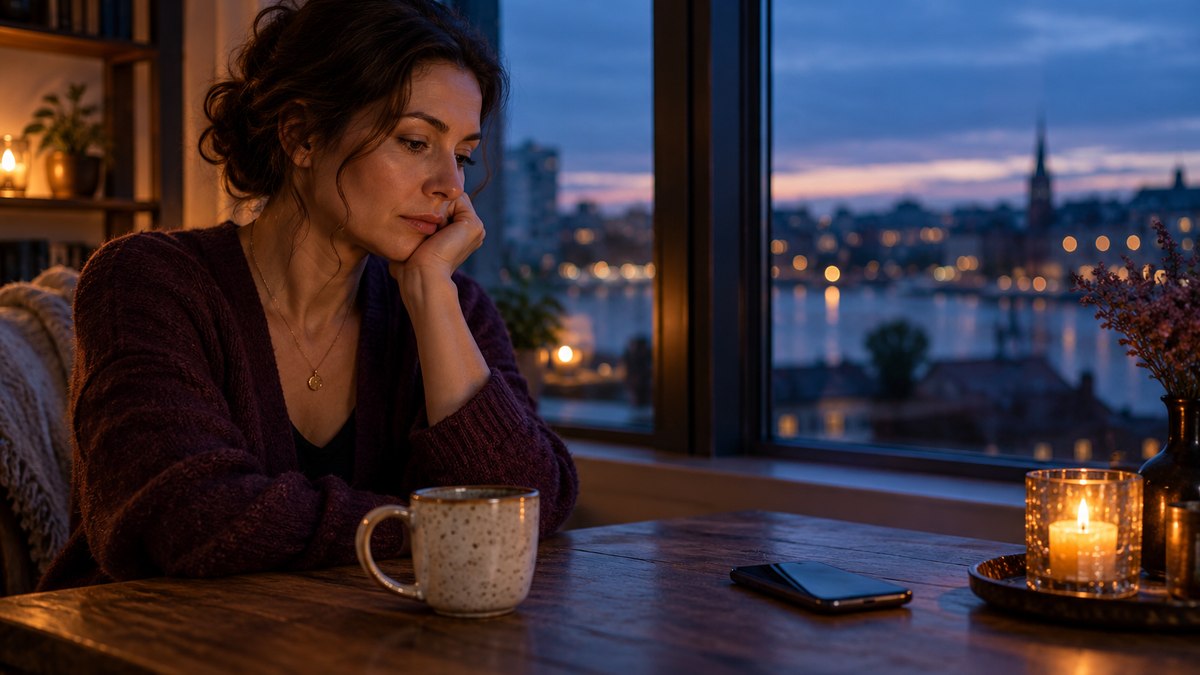 A woman reflecting beside a silent phone at blue hour