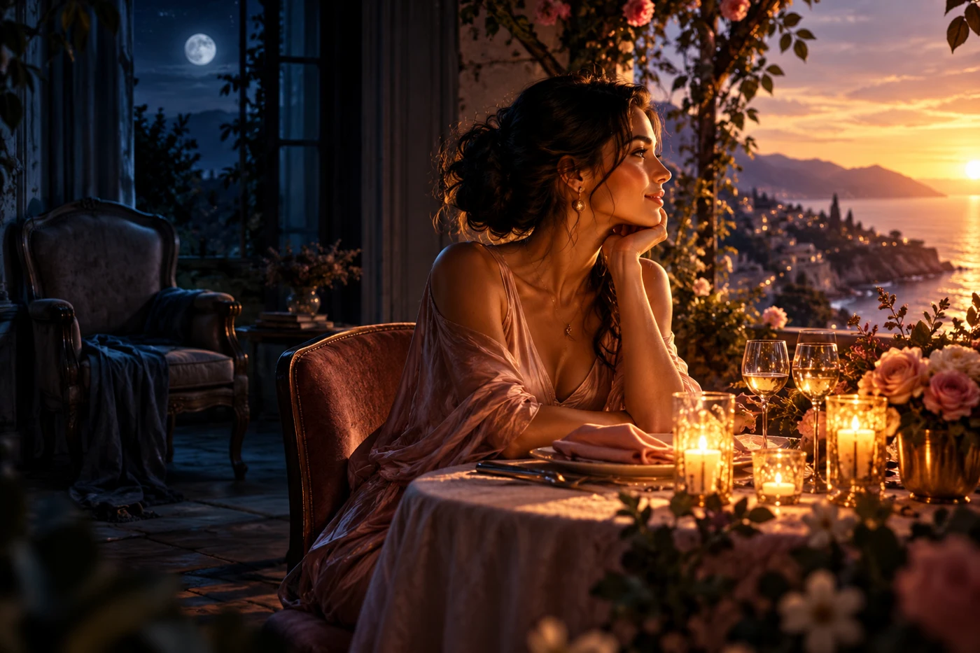 Symbolic woman at a candlelit table looking toward warm light, with an empty chair behind her.