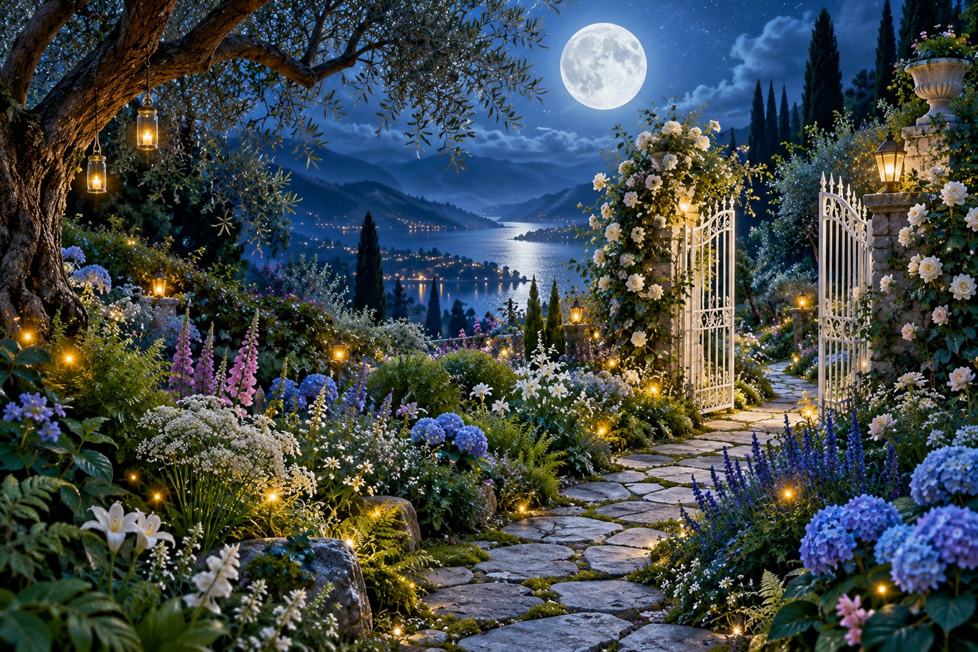 A moonlit spiritual garden with a winding path, white gate and golden lights