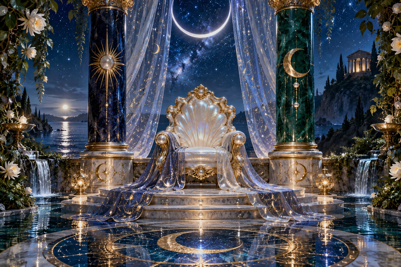 A pearl throne between pillars beneath a starry veil and crescent moon