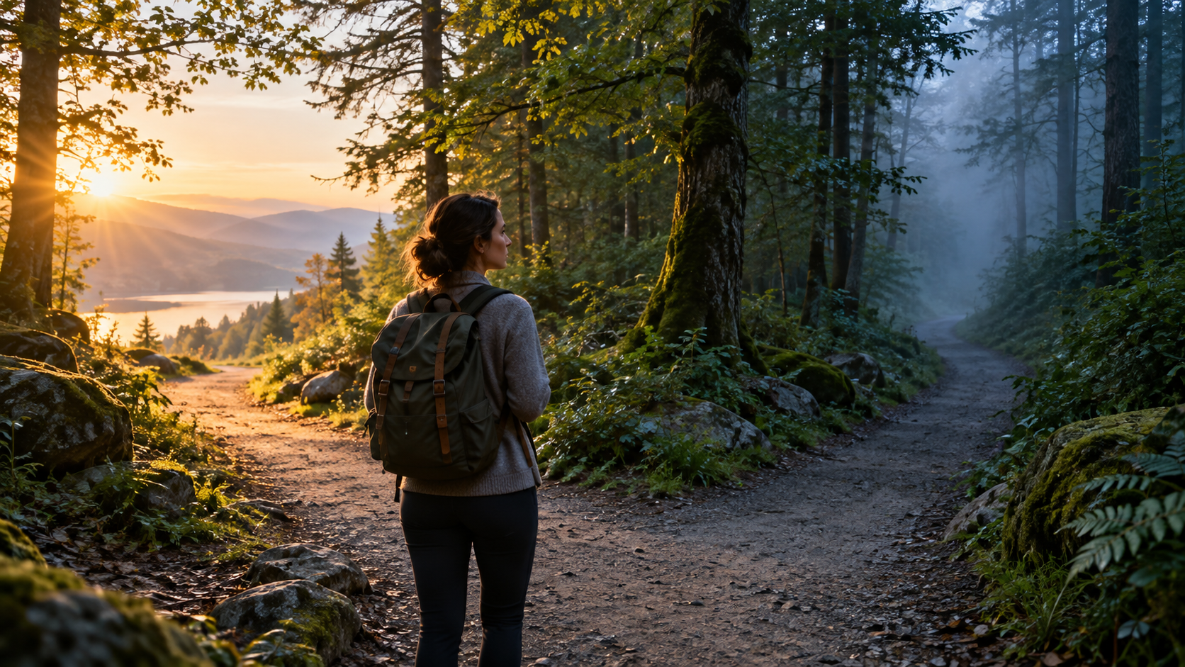 Woman pausing between a sunlit path and a misty path while considering intuition and anxiety