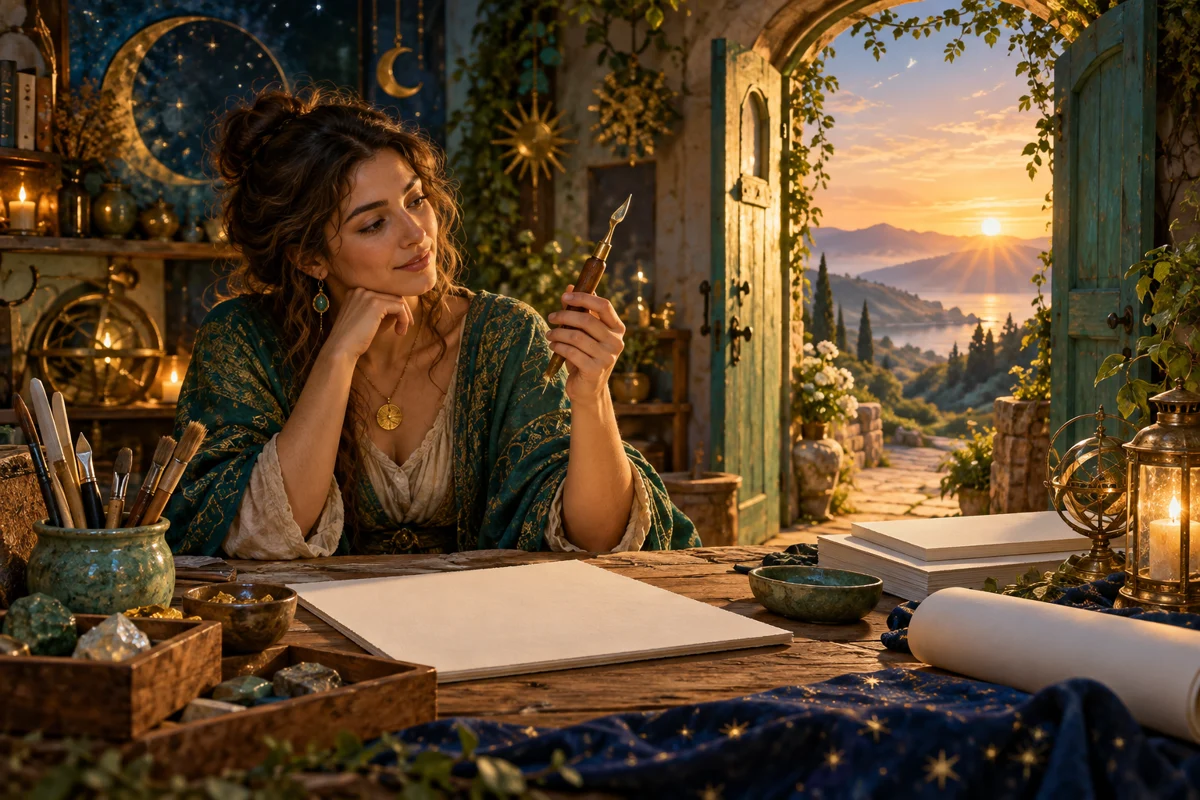 Symbolic woman studying unfamiliar craft materials at a workbench in soft dawn light.