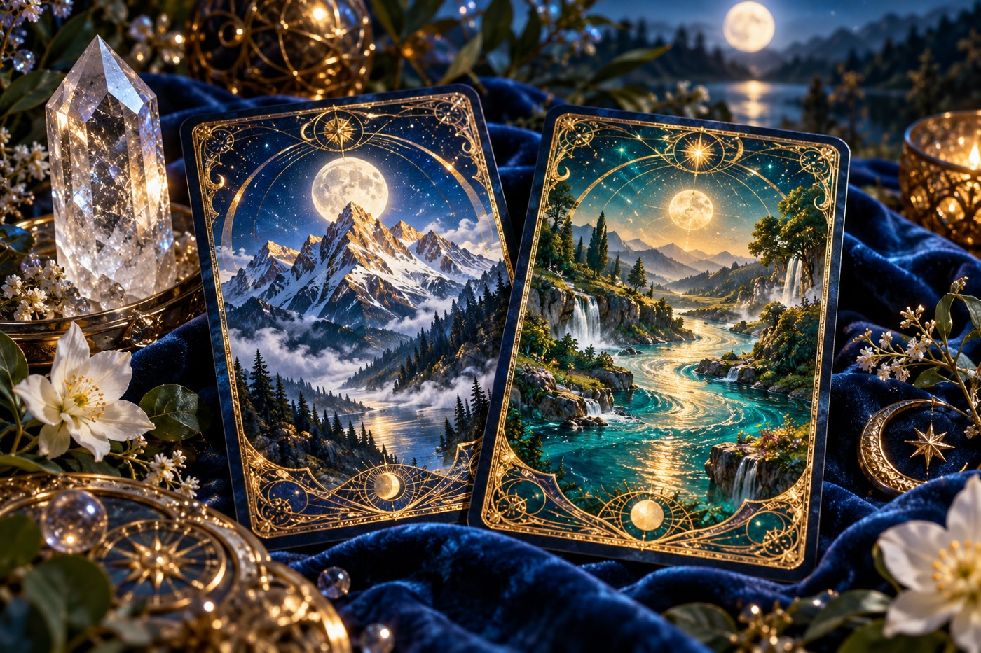 Two ornate tarot cards with mountain and river landscapes on sapphire velvet
