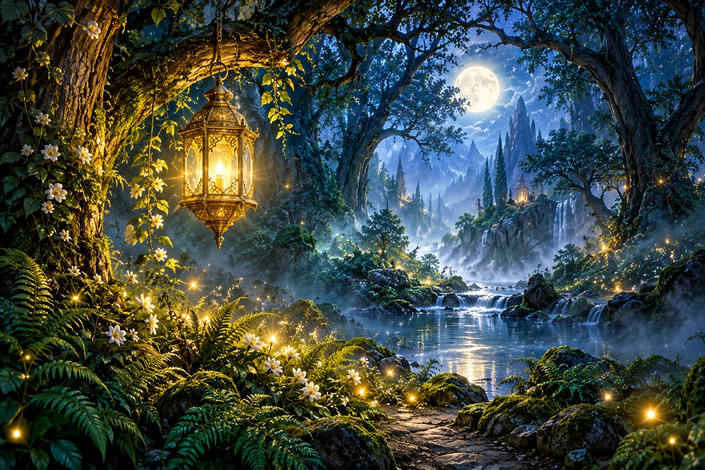 A golden lantern illuminating emerald ferns in a moonlit forest