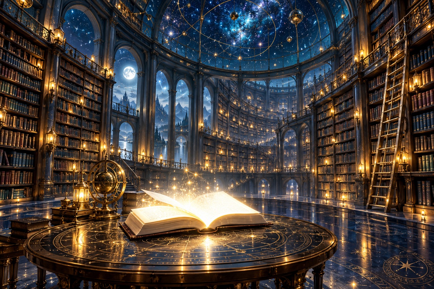 An endless mystical library with a glowing white book beneath a starry dome