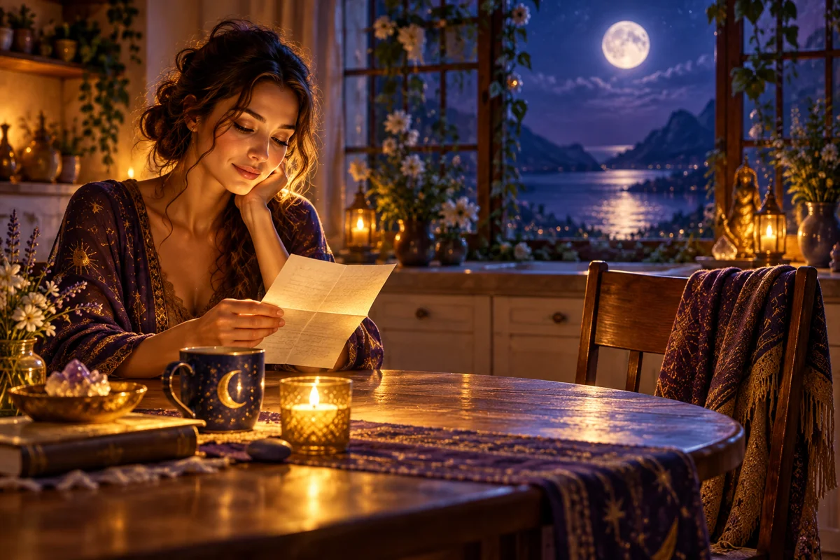 Symbolic woman reflecting at a moonlit table beside an empty chair.