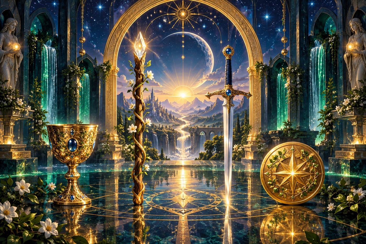 A golden celestial arch above a chalice, wand, sword and symbolic coin