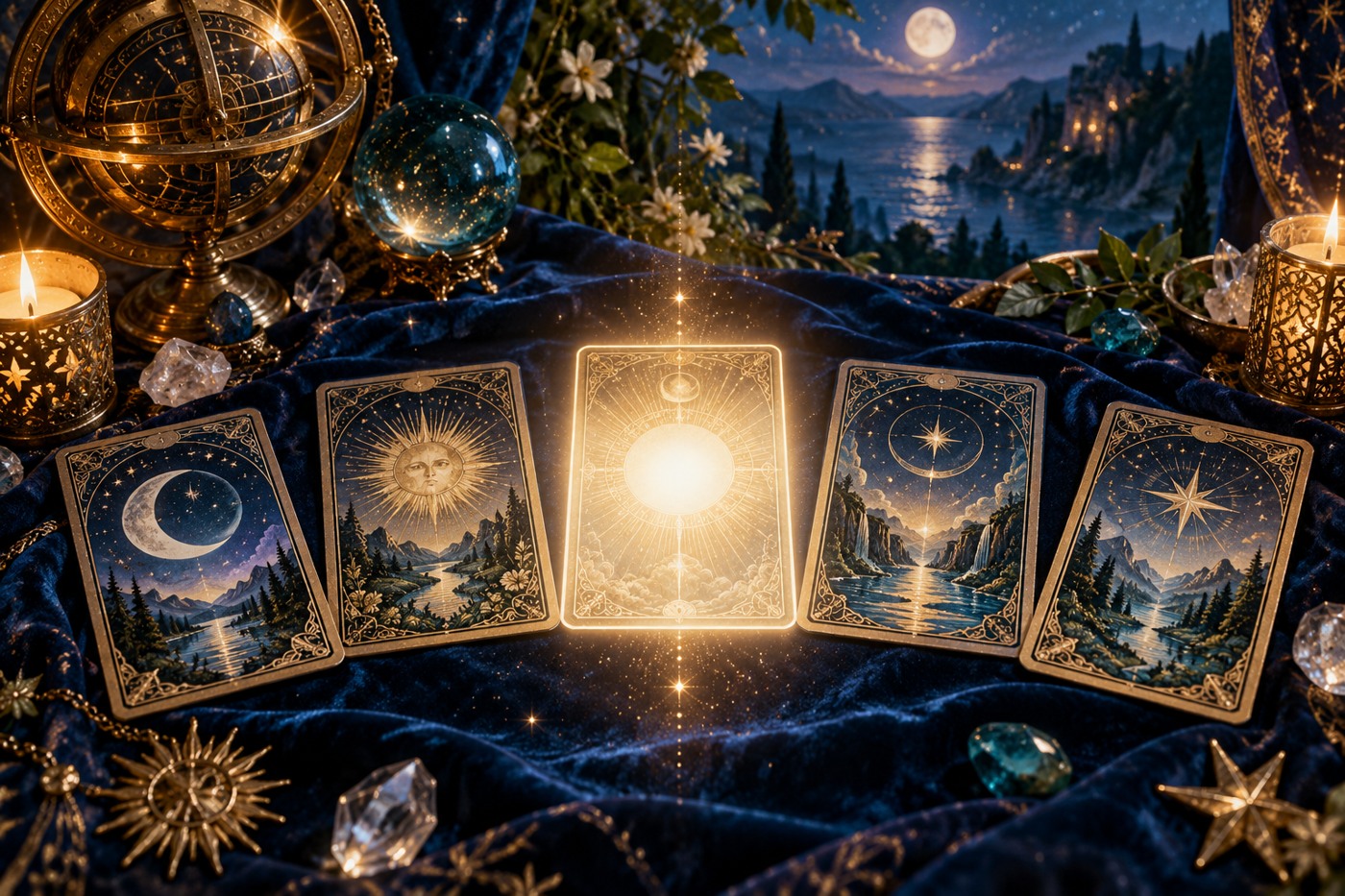An open tarot spread with one luminous empty space, blue velvet and gold starlight