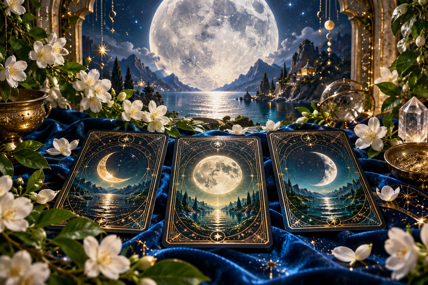 Three original moon-themed cards beneath a silver moon on blue silk