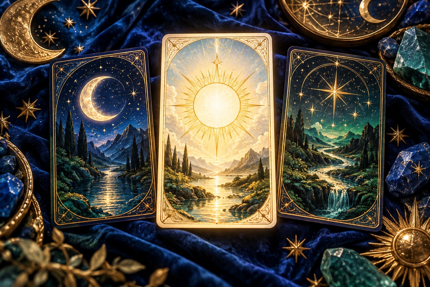 Three mystical tarot cards framed by luminous open space on sapphire velvet