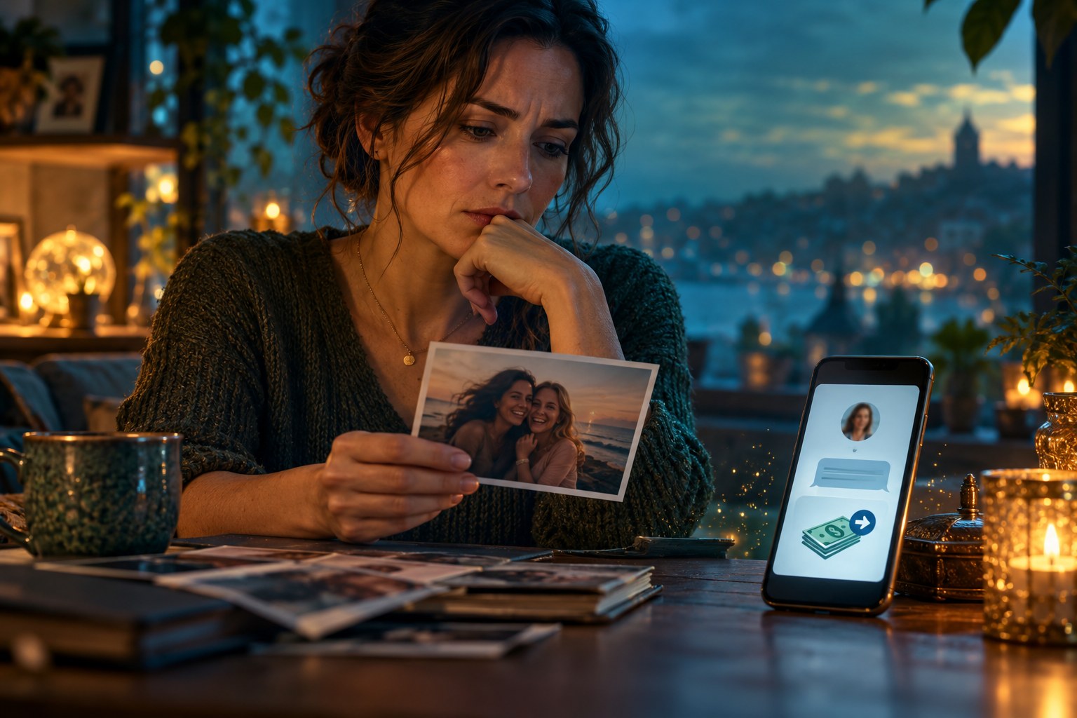thoughtful woman holding an old friendship photograph beside a phone suggesting a money request