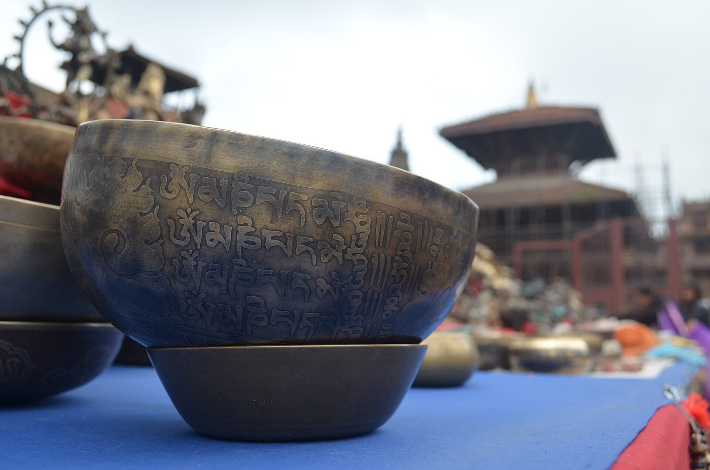 A metal singing bowl used to make resonant musical tones