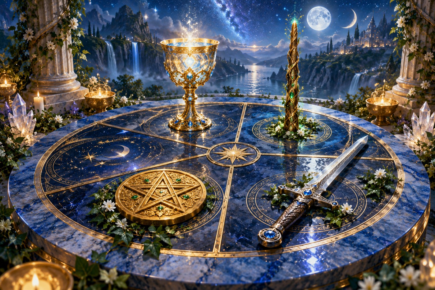 A chalice, wand, sword and coin arranged around a moonlit blue altar
