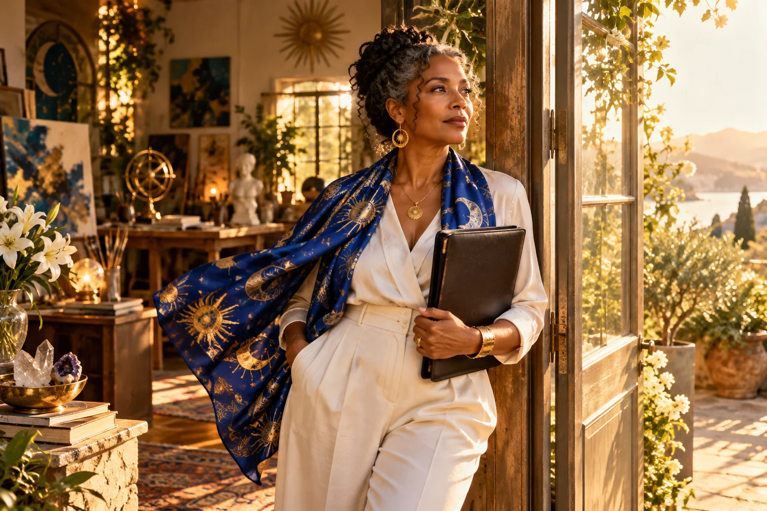 Symbolic woman holding a closed portfolio at a sunlit doorway with subtle gold and blue light.