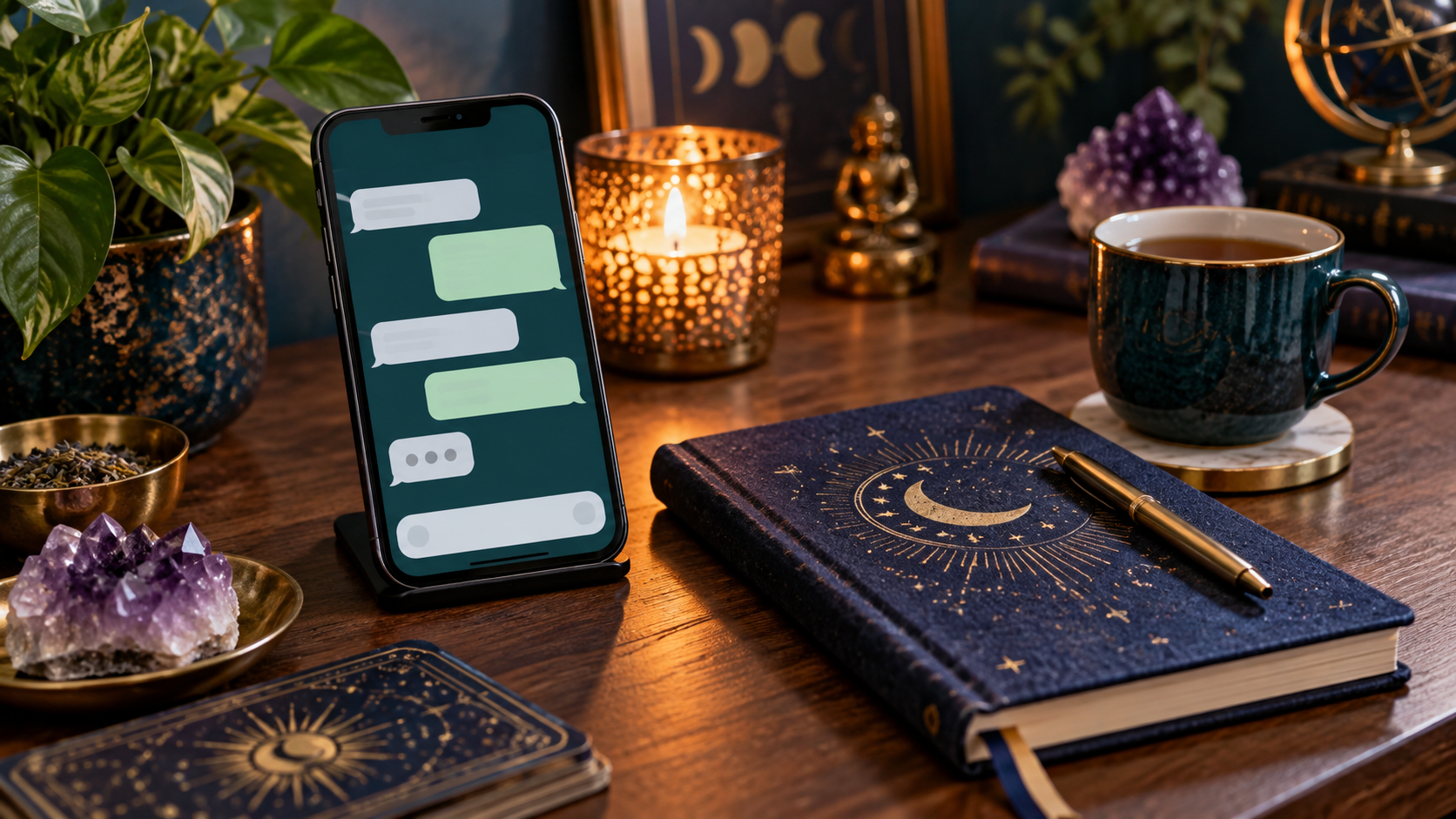 Smartphone, journal, amethyst and candle prepared for a private online psychic reading
