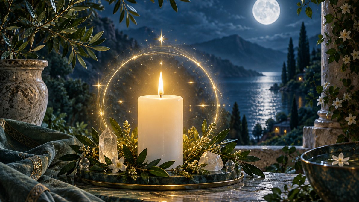 White candle in blue green moonlight surrounded by golden protective stars