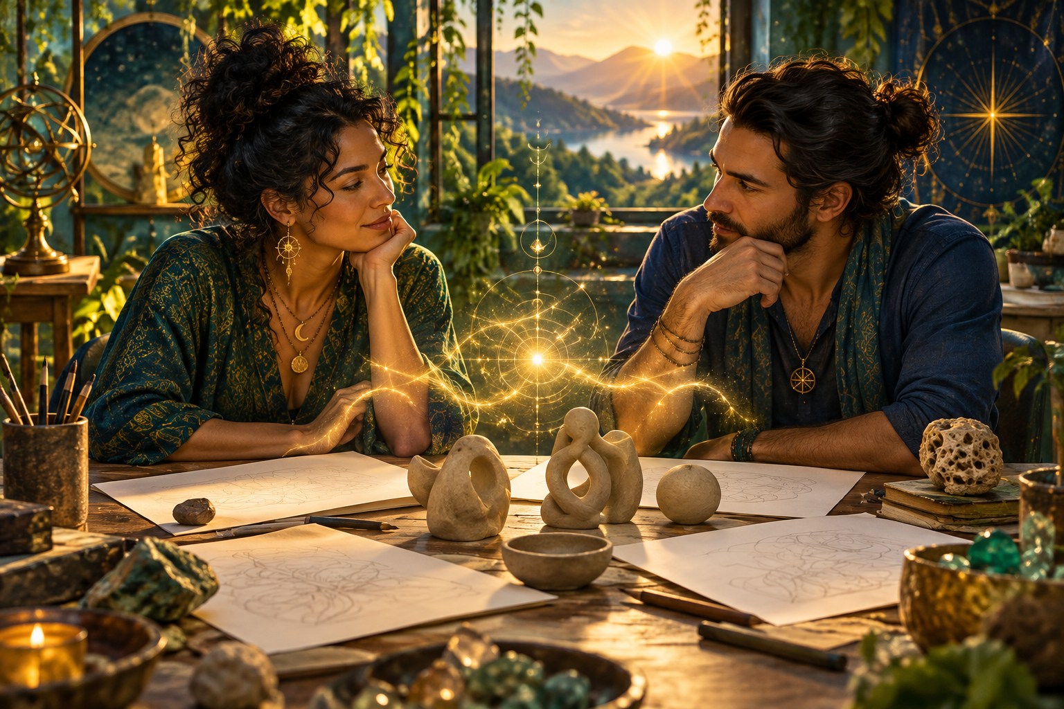 Symbolic creative partners considering sketches and small clay forms amid warm light and golden shimmer