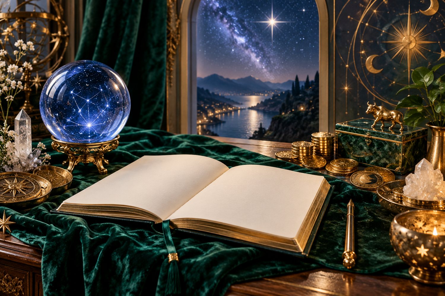 Mystical blue green gold and white artwork for psychic reading for career decisions