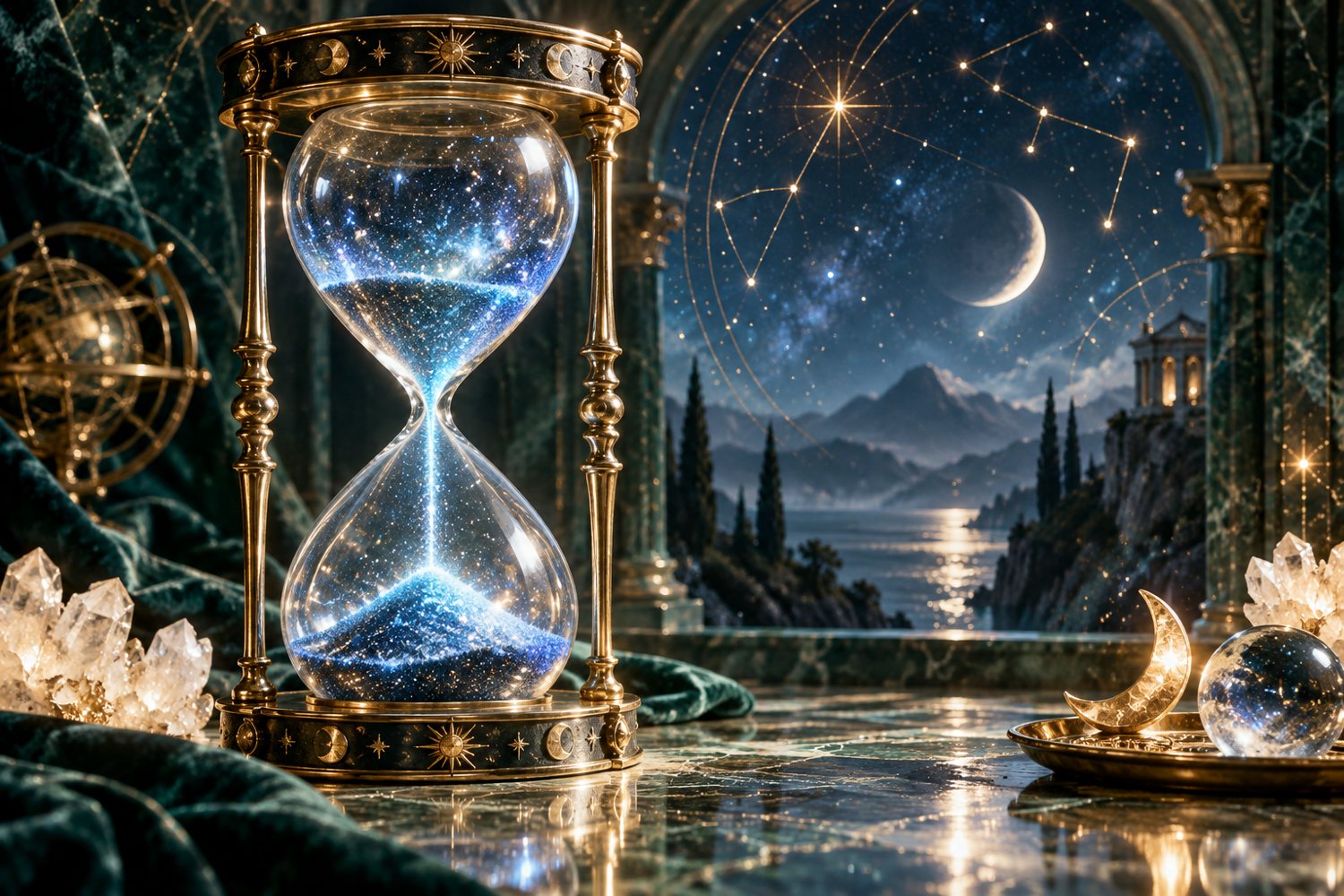 Mystical blue green gold and white artwork for psychic timing windows