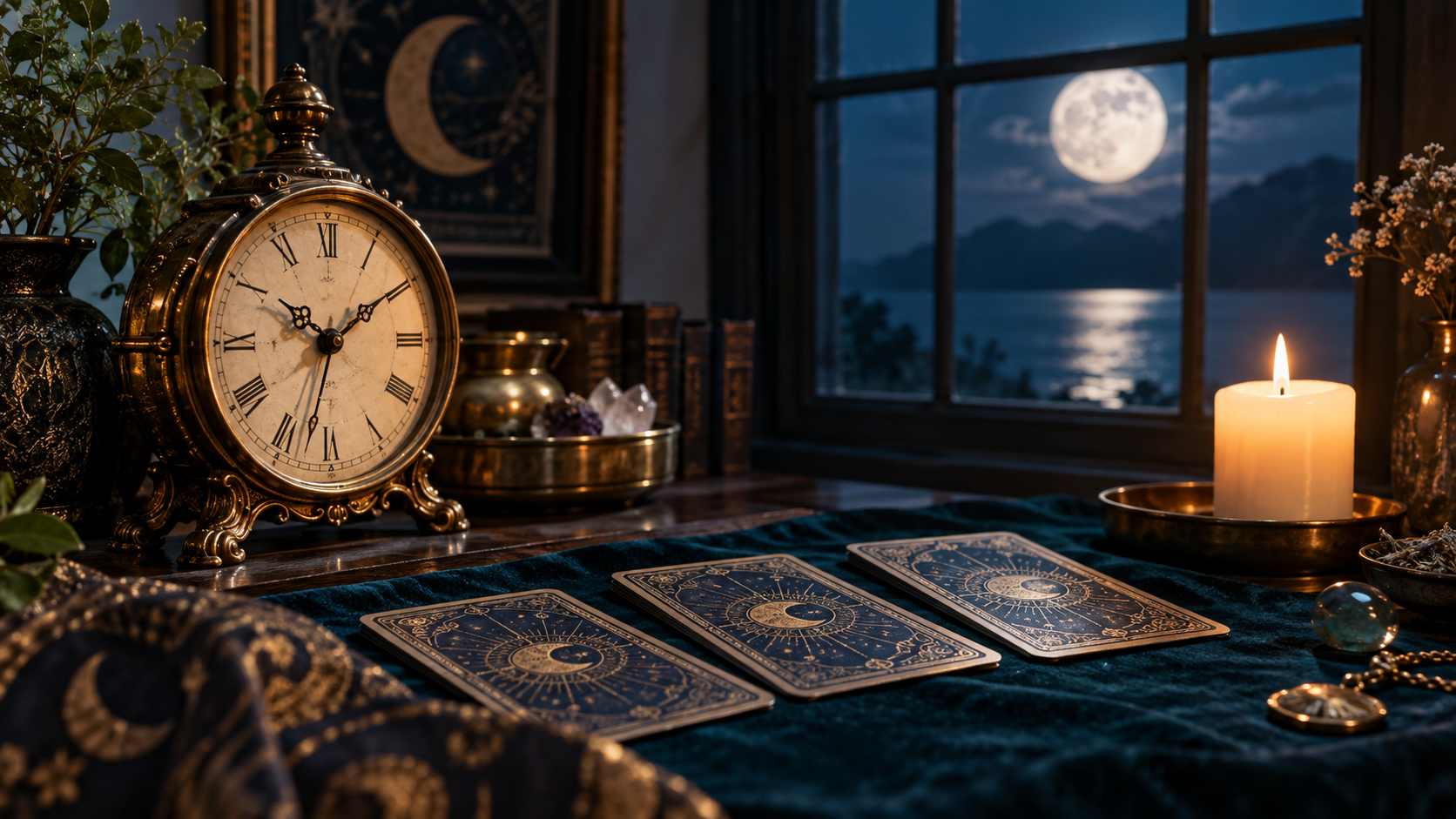 Antique clock, moonlit window and tarot cards representing psychic timing windows
