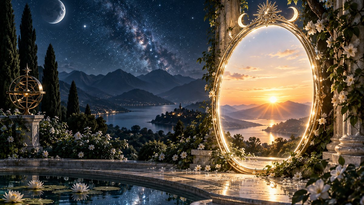 A white gold mirror reflecting sunrise in a sapphire and emerald garden