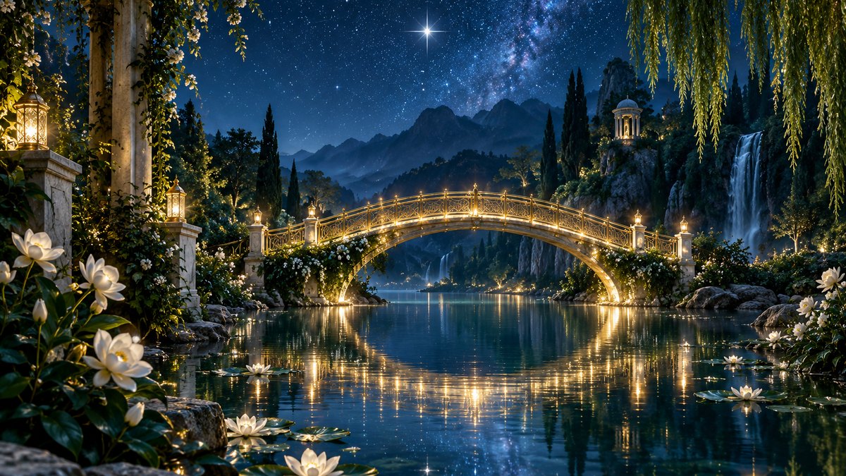 A golden bridge across blue and emerald water beneath white stars