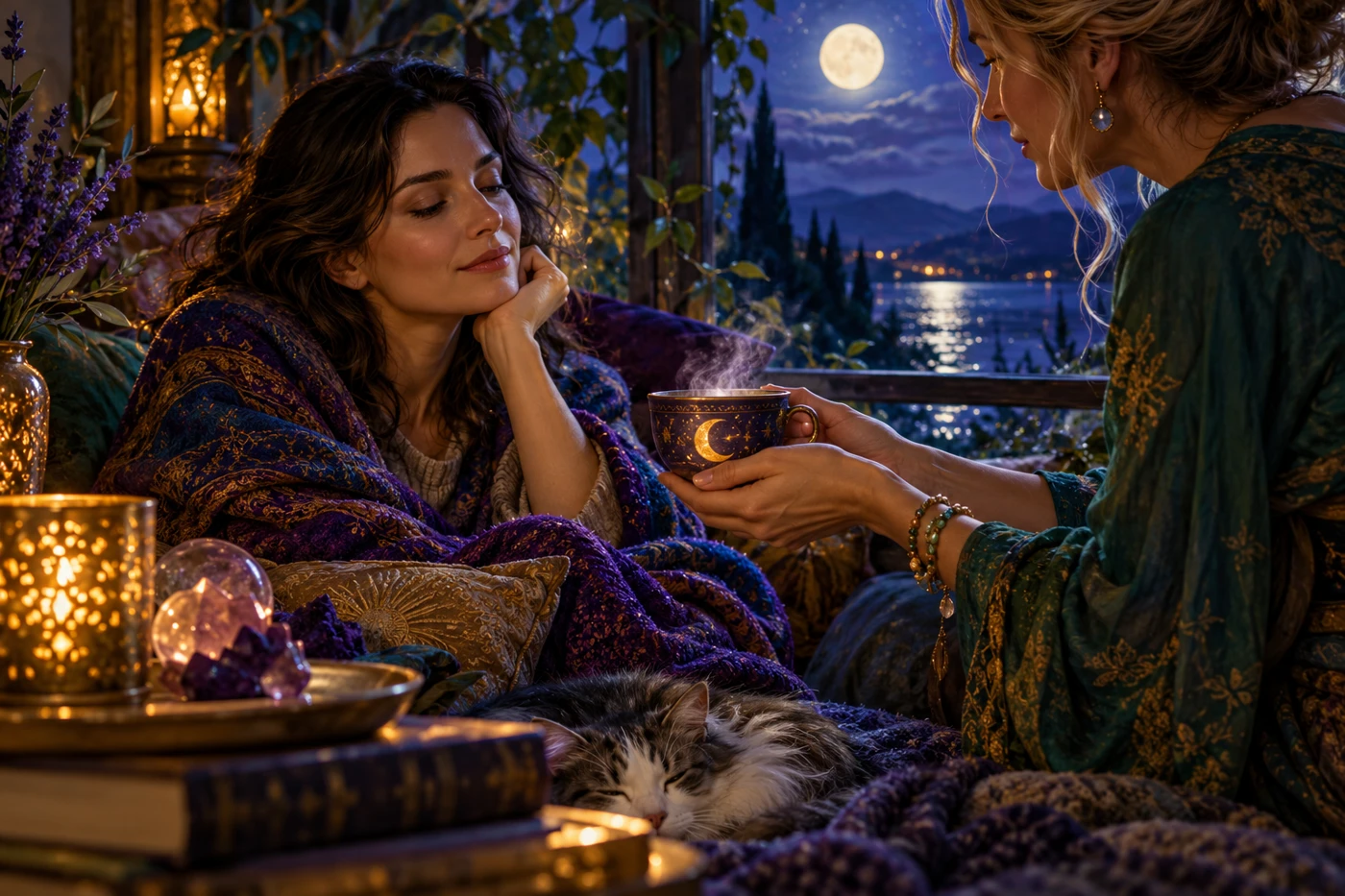 Symbolic adults share a quiet moment as one offers the other a warm cup beside a moonlit window.