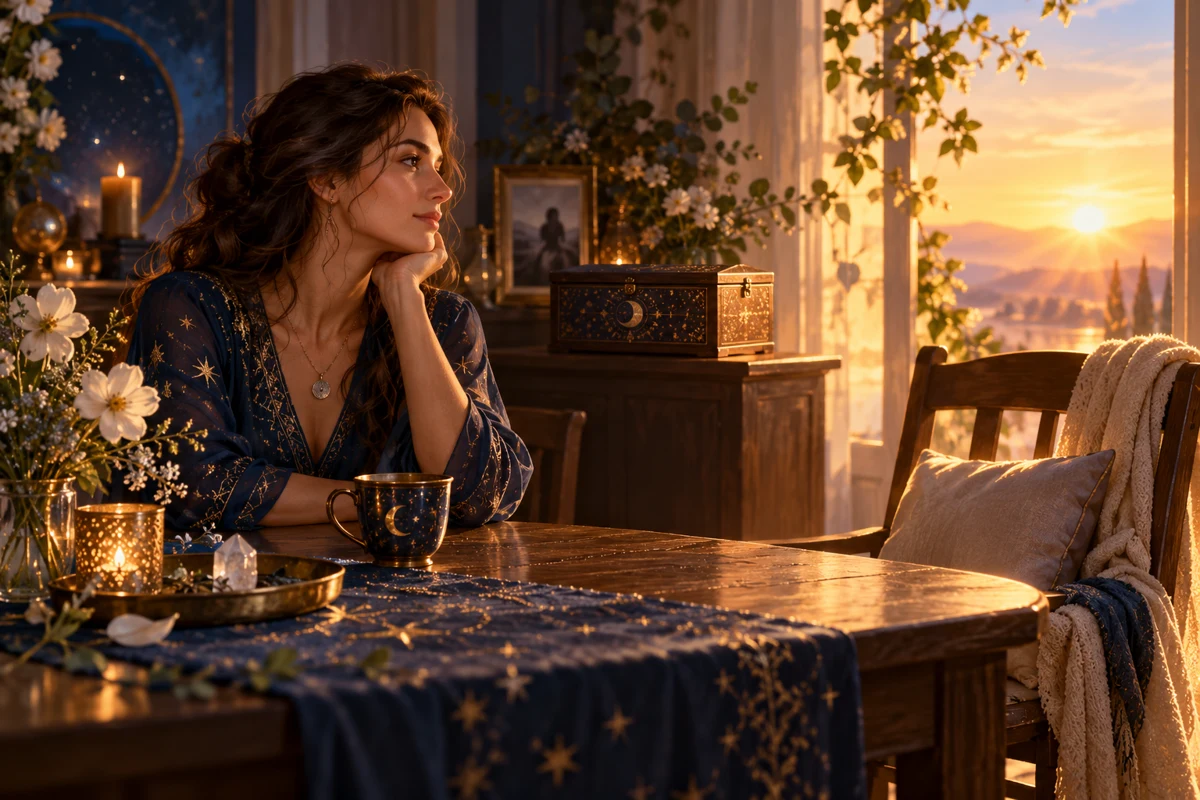 Symbolic woman beside an open chair in dawn light, with a closed keepsake box behind her.