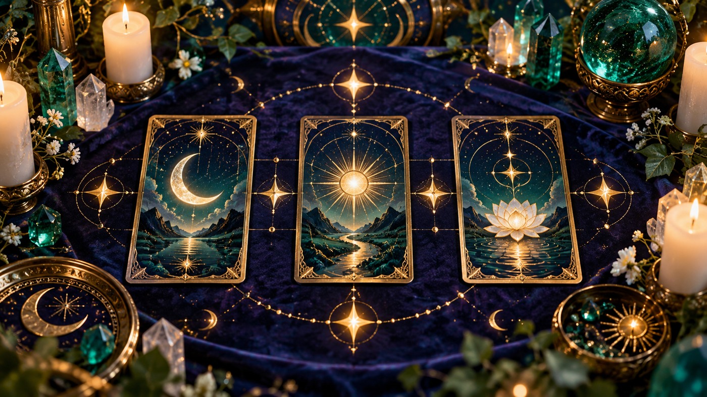Three tarot cards linked by repeating golden constellation patterns on an indigo altar