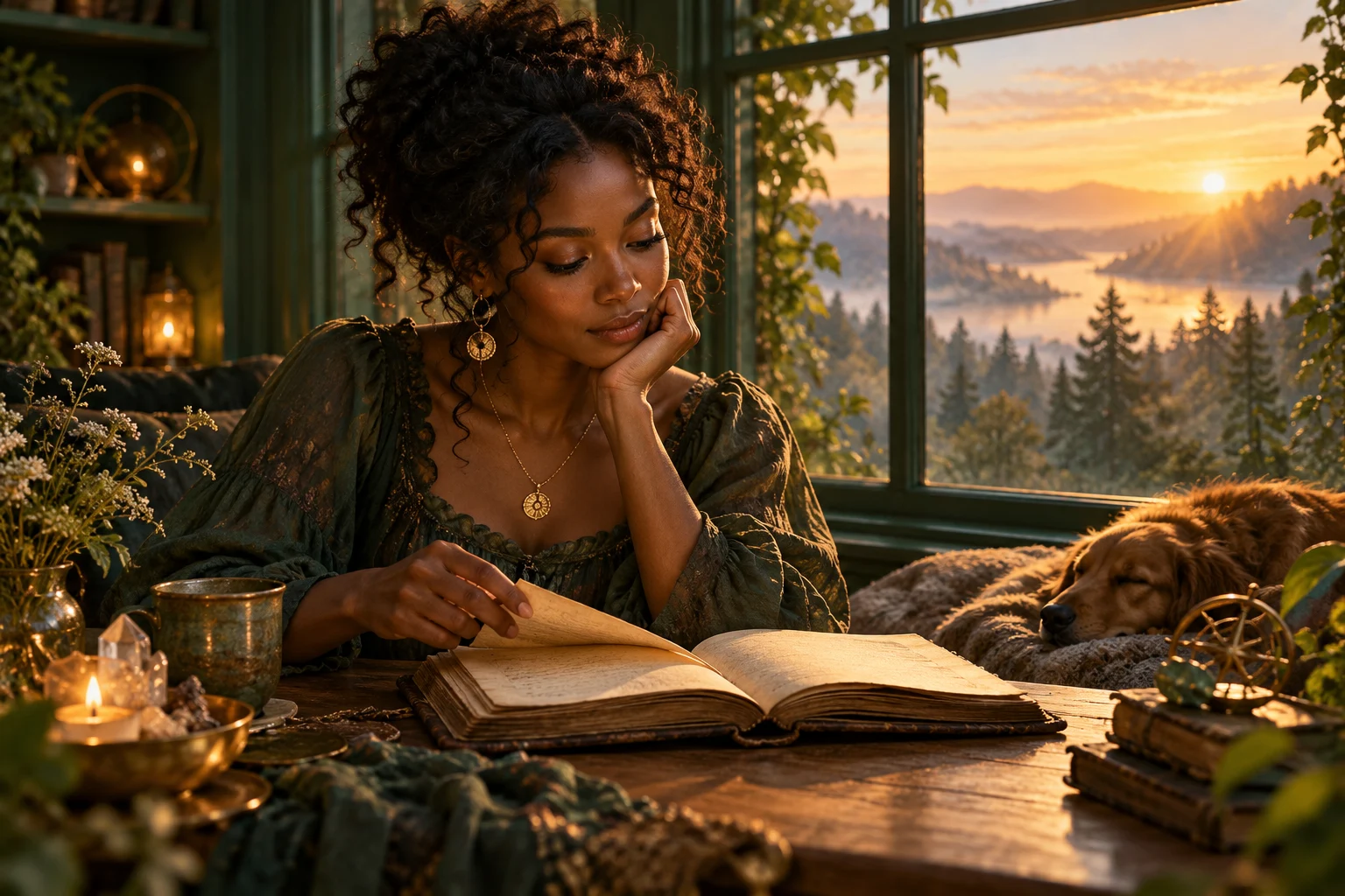 Symbolic woman opening an old journal in warm dawn light beside a green window.