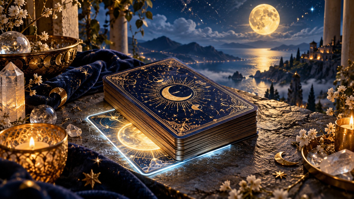 A face-down tarot deck with one deep-blue card glowing beneath it, gold moonlight and white stars