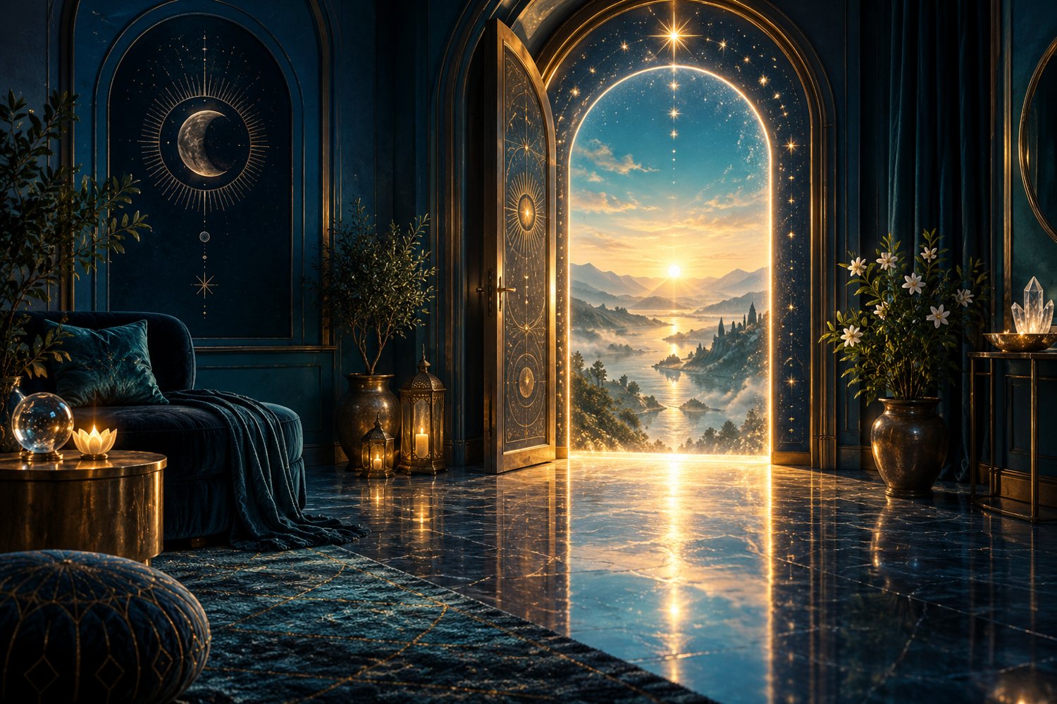 Mystical blue green gold and white artwork for signs of a life transition