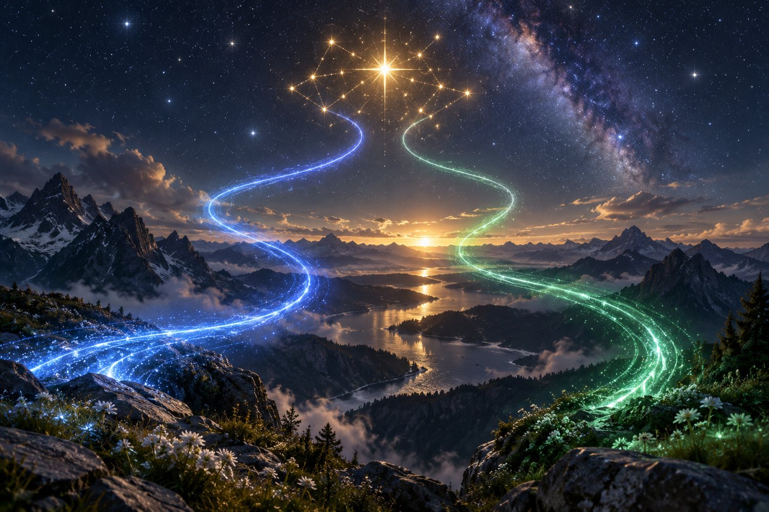 Mystical blue green gold and white artwork for soul connection or attachment