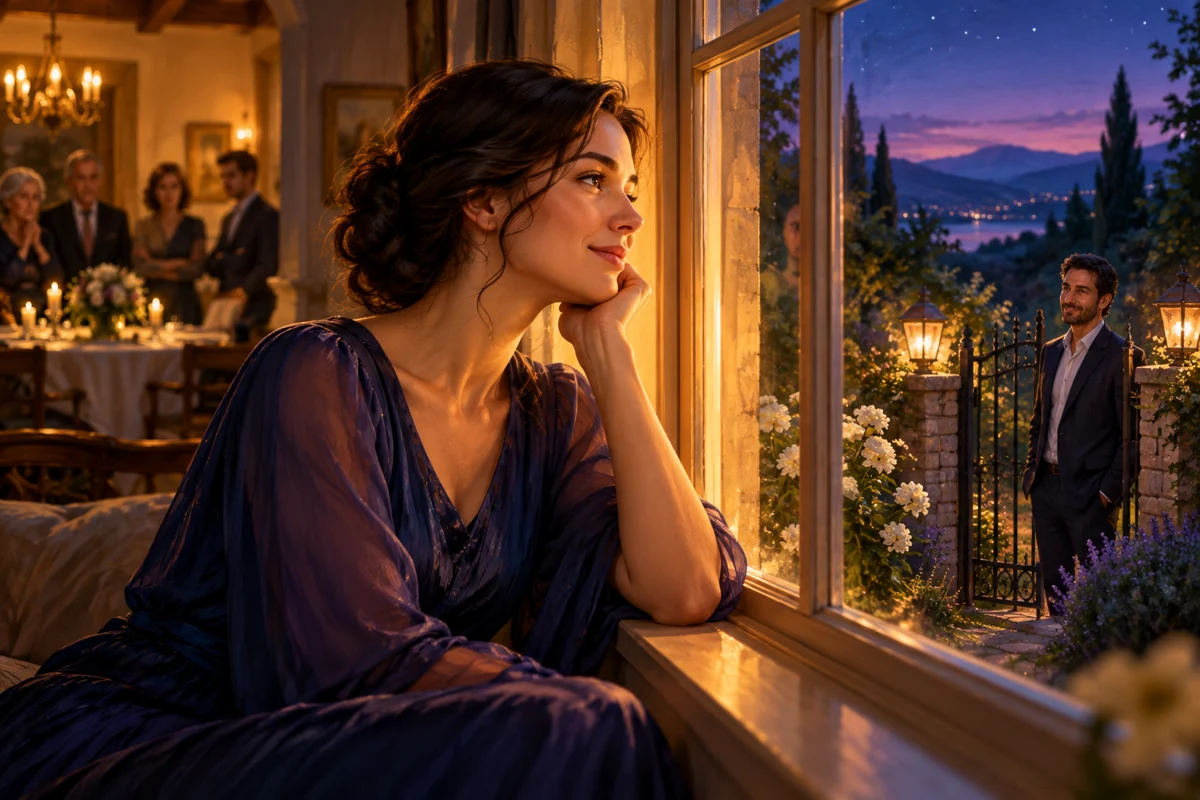 Symbolic woman reflecting near a window with a partner and family gathering softly visible in the background.