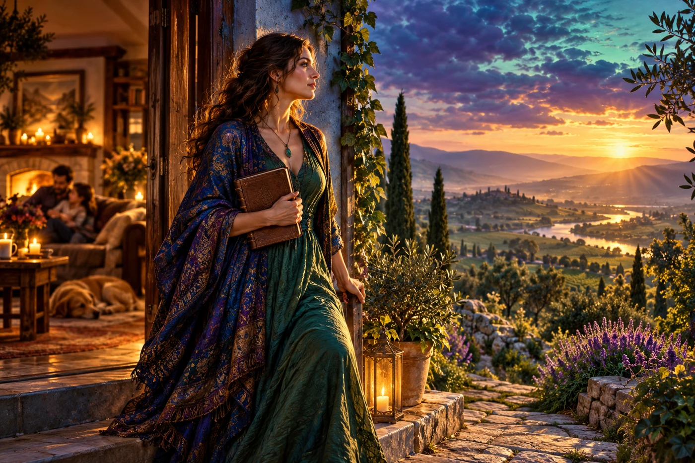 A symbolic woman with a closed journal stands between a warm family room and a golden outdoor path.