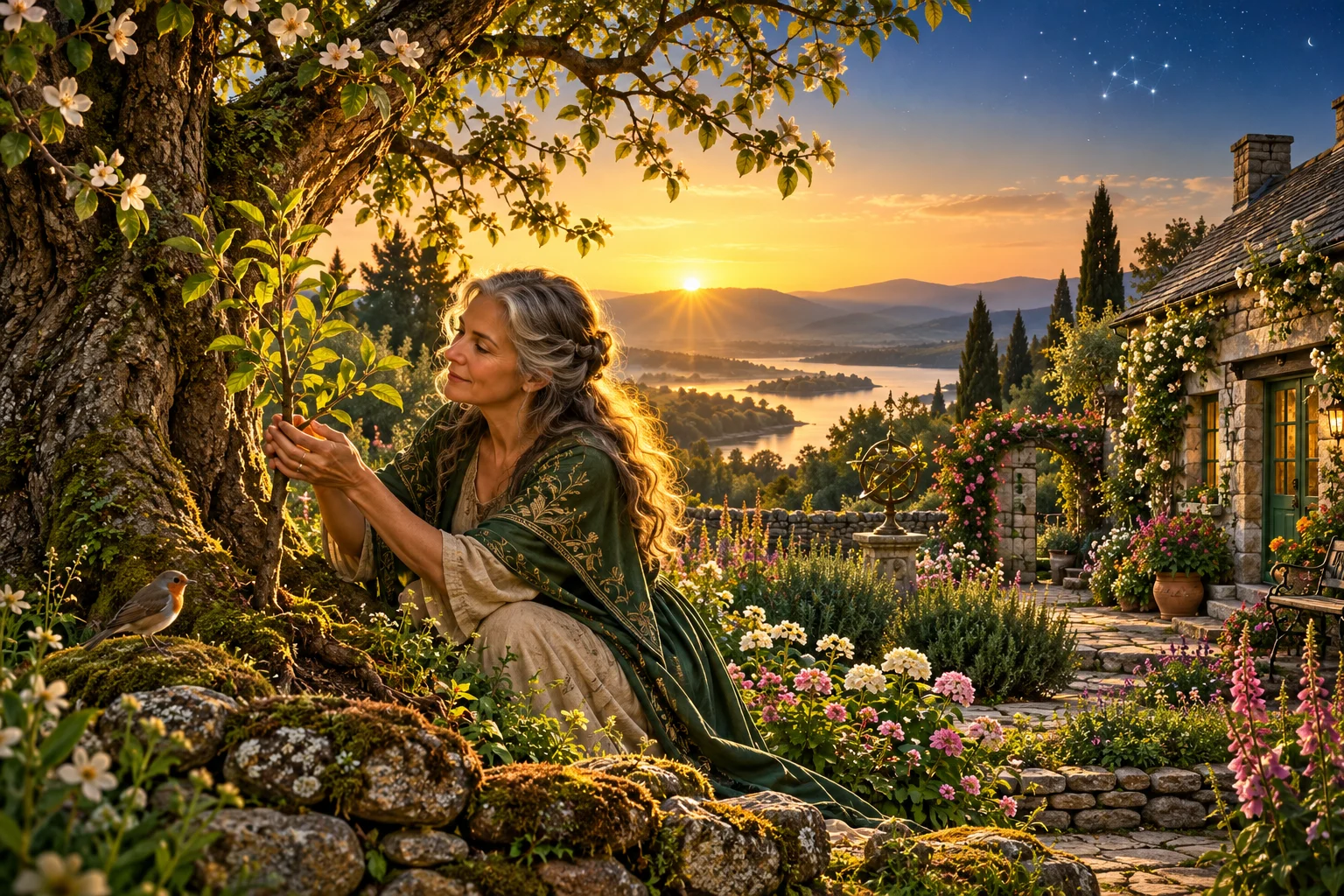 Symbolic woman tending an established garden beside a cottage in gold dawn light.